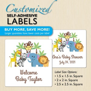 Dschungel Tier Sticker + Opt. Klare selbstverschließende Beutel, Zoo-Geburtstags-Party, Safari-Baby-Dusche, Süßigkeiten-Beutel, Studentenfutter, Nüsse, personalisiert