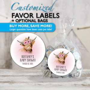 Pegatinas de baby shower de niña vaca esponjosa, cumpleaños de vacas de las tierras altas, fiesta temática de granja, cajas de regalos, galletas, bolsa de buffet de dulces - rosa - personalizado