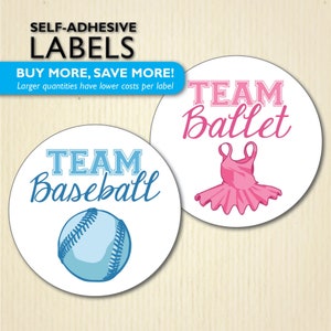 24+ 2.5-inch Baseball or Ballet Gender Reveal Party Sticker, Team Boy, Team Girl, Sports Baby Shower, Pink Tutu, Blue Ball, Team He or She