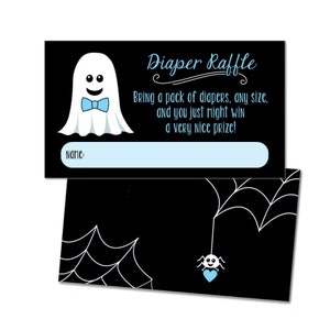 Boletos de la rifa de pañales Little Boo, tarjetas de rifa de Ghost Baby Shower, nuestro pequeño boo, es un boo-y, es un niño, bebé de Halloween - Azul
