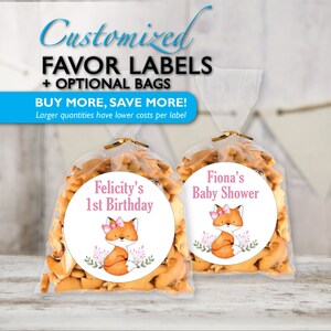 Etiqueta de regalo de Zorrita + Bolsas opcionales, Pegatinas de Baby Shower de Bosque, Dulces de Animales del Bosque para el Primer Cumpleaños, Bufé de Dulces Rosa, Kit Personalizado