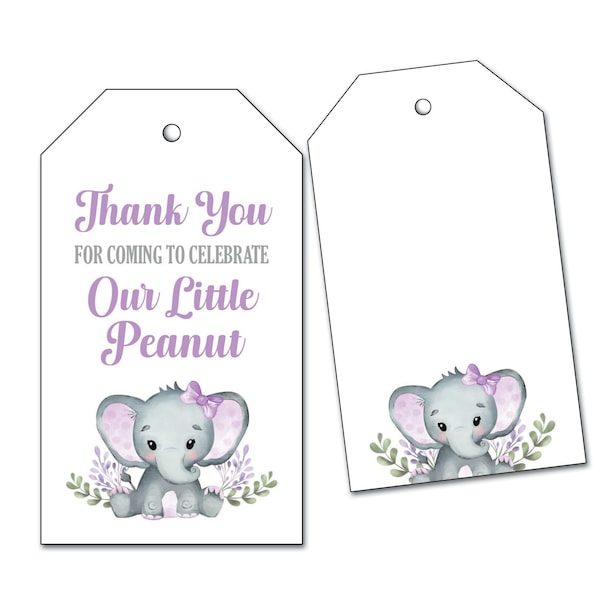 Elefante de lavanda Gracias Favor Etiquetas + Opt. Bolsas transparentes, Nuestro pequeño baby shower de maní / Fiesta de cumpleaños 1er - Regalo de nueces / galletas, Bolsa de dulces