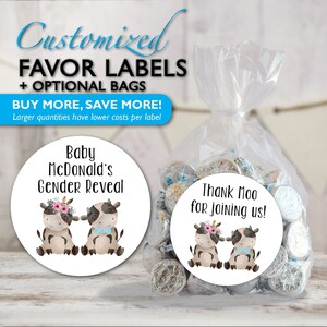Pegatinas para revelar el género de una vaca, baby shower o cumpleaños de gemelos, fiesta temática de granja, vaquilla o toro, para cajas de obsequios, bolsa de buffet de dulces, personalizadas