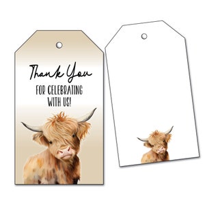 Vacas de las Tierras Altas, Vaca Esponjosa Gracias Moo Favor Tags - Etiquetas de Baby Shower Beige Neutral o Cumpleaños de Granja Gracias - para Dulces, Galletas, Palomitas de Maíz
