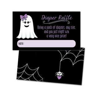 Boletos para la rifa de pañales de Little Boo, tarjetas para la rifa de baby shower fantasma, Nuestro pequeño Boo, Es un fantasma, Es una niña, Bebé de Halloween - Morado