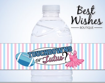 Waterproof Water Bottle Labels, Touchdowns or Tutus, Gender Reveal Party Supplies, Football, Ballet Baby Shower Decorations, Boy or Girl