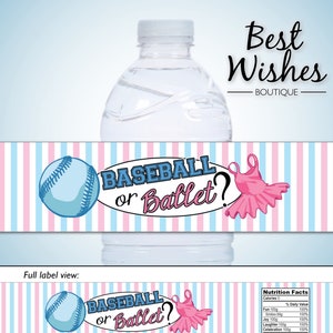 Waterproof Water Bottle Labels, Baseball or Ballet Gender Reveal Party Supplies, Sports Baby Shower Decorations, Pink or Blue, Boy or Girl