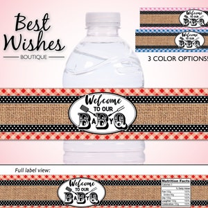 Waterproof Water Bottle Labels, Baby Q Party Supplies, BBQ Baby Shower, Burlap Decorations, Barbecue Birthday, Red Gingham, Blue, Pink