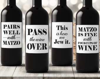 Set of 4 Passover Wine Bottle Labels, Pesach Decor, Seder Decorations, Pairs well with Matzo, Jewish Holidays - Waterproof, Self-Adhesive