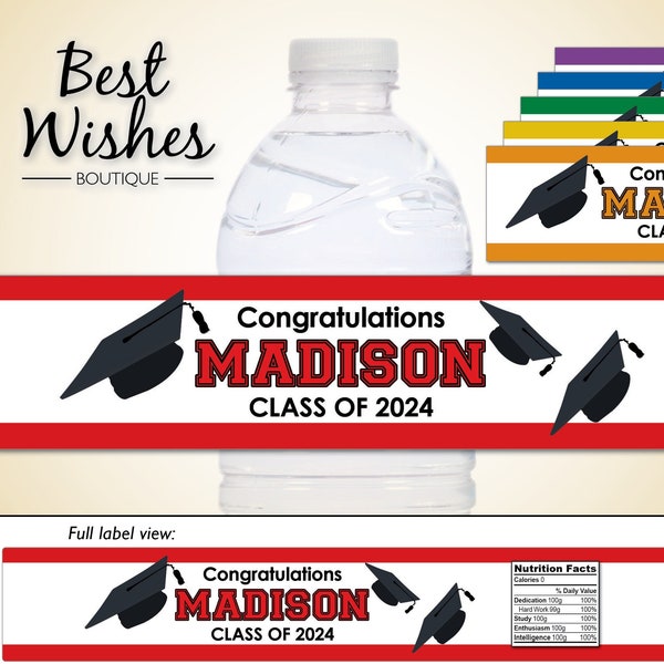 Printed Waterproof Graduation Water Bottle Labels, Congratulations, Class of 2024, red, orange, blue, green, school colors, personalized