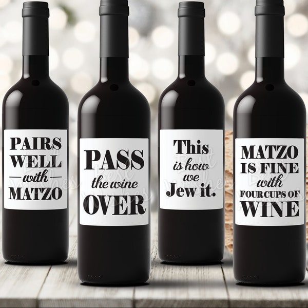 Set of 4 Passover Wine Bottle Labels, Pesach Decor, Seder Decorations, Pairs well with Matzo, Jewish Holidays - Waterproof, Self-Adhesive