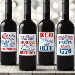Set mit 4 Weinflaschenetiketten zum 4. Juli, Unabhängigkeitstag-Party-Dekor, passen gut zu Feuerwerk, Rotwein und Blau, wasserdicht, selbstklebend