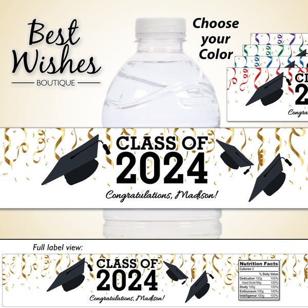 Printed Waterproof Graduation Water Bottle Labels, Congratulations Class of 2024, gold confetti, red, blue, green, school color personalized