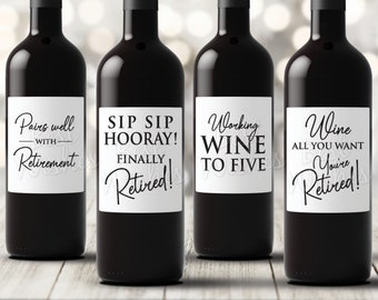 Set of 4 Retirement Wine Bottle Labels, Retirement Gift for Men, Women - Pairs Well With, Retirement Party Decor - Waterproof, Self-Adhesive