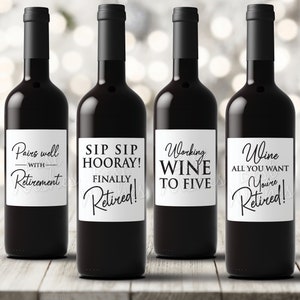 Set of 4 Retirement Wine Bottle Labels, Retirement Gift for Men, Women - Pairs Well With, Retirement Party Decor - Waterproof, Self-Adhesive