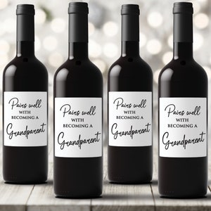 Juego de 4 pares de etiquetas para botellas de vino con anuncio de embarazo para convertirse en abuelo, para regalo sorpresa DIY, impermeables, autoadhesivas