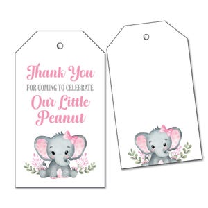 Pinker Elefant Danke Geschenkanhänger + Opt. Klare Beutel, unsere kleine Erdnuss-Babyparty / 1.Geburtstags-Party - Nüsse / Kekse Geschenk, Süßigkeits-Tasche