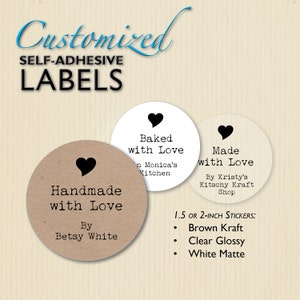 Custom Handmade with Love Stickers, Clear, Brown Kraft, Made with Love, Baked with Love, Shop Packaging, Homemade Box Labels, Personalized
