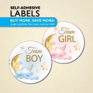24+ 2,5-inch maan en sterren Gender Reveal-feeststickers, Over the Moon, Cloud Nine-babyshower, Twinkle Little Star, Team Boy, Team Girl