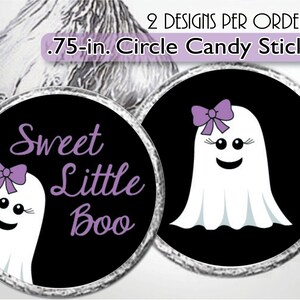 Pegatinas de besos para baby shower de Sweet Little Boo, adorable fantasma de niña, artículos para fiestas de cumpleaños, etiquetas de besos de Halloween, "Es un fantasma", lazo morado