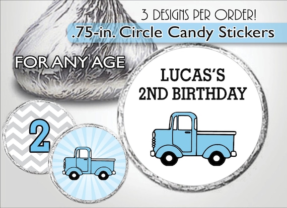 Little Blue Truck Kiss Labels Custom Kiss Sticker Birthday Party Favor Vintage Truck Decorations Candy Buffet Table Decor Personalized