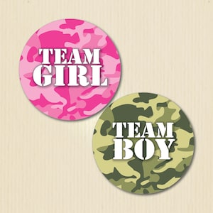 Gender Reveal Party Stickers, Camouflage, militaire familie, leger Brat, bossen Baby Shower, Team Boy, Team meisje, hij of zij, roze en groene Camo