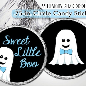 Pegatinas de besos para baby shower de Sweet Little Boo, artículos para fiestas de cumpleaños de fantasmas de niños adorables, etiquetas de besos de Halloween, "It's a Boo-y", pajarita azul