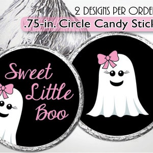Pegatinas de besos para baby shower de Sweet Little Boo, adorable fantasma de niña, artículos para fiestas de cumpleaños, etiquetas de besos de Halloween, "Es un fantasma", lazo rosa