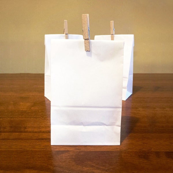 White Flat Bottom Paper Bags for Wedding Welcome Bags, Candy Buffets, Party Favors, gusseted sides, 4-1/4 x 2-3/8 x 8-3/16 inches