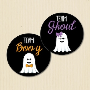 Schattige Ghost Gender Reveal Party Stickers, Team Boo-y, Team Ghoul, Halloween Baby Shower Labels, Team Boy, Team Girl, Zwart, Oranje en Paars