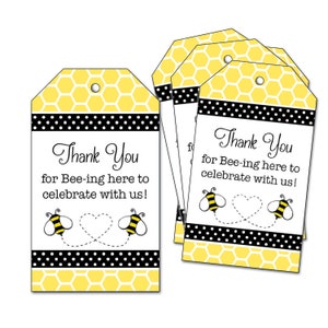 Bee Thank You Favor Tags + Opt. Bolsas de favor transparentes - para baby shower, fiesta de compromiso, cena de ensayo de boda, parejas o despedida de soltera