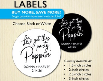 Consigamos esta fiesta Poppin pegatinas, etiquetas de boda modernas, cajas de palomitas de maíz, bolsas, maíz caramelo, bolas de palomitas de maíz, blanco o negro, personalizado