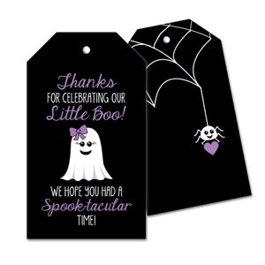 Etiquetas de regalo + Bolsas transparentes opcionales, Etiquetas de agradecimiento para baby shower de fantasmas, Nuestro pequeño Boo, Es una niña, Es un fantasma, Cumpleaños de Halloween - Morado