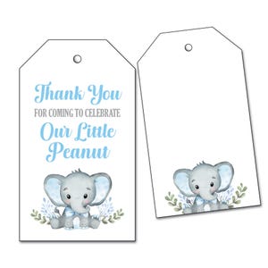Etiquetas de agradecimiento con forma de elefante azul + bolsas transparentes opcionales, para baby shower o fiesta de primer cumpleaños de Our Little Peanut: regalo de nueces y galletas, bolsa de dulces