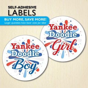 24+ 2.5-in Yankee Doodle Stickers, 4th of July Gender Reveal Party, Baby Shower, Patriotic, American, Independence Day, Team Boy, Team Girl
