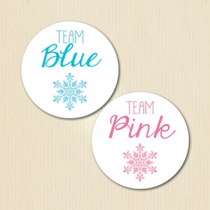 Etiqueta engomada de la fiesta de revelación de género, equipo azul, equipo rosa, baby shower de invierno, copo de nieve, él o ella, bebé hace frío, voté, equipo chico, equipo chica