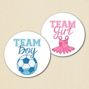 Pegatinas para fiesta de revelación de género de fútbol y tutú, equipo de fútbol niño, equipo niña, pegatinas para baby shower, etiquetas del equipo rosa, equipo azul