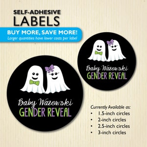 Pegatinas de revelación de género de fantasmas: etiquetas de regalo de fiesta Booy or Ghoul para bolsas de golosinas, cajas, tazas, baby shower de Halloween: morado y verde, personalizadas