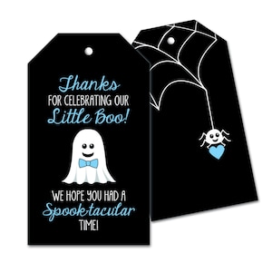 Etiquetas de regalo + bolsas transparentes opcionales, etiquetas de agradecimiento para baby shower de fantasmas, Our Little Boo, It's a Boo-y, It's a Boy, cumpleaños de Halloween - Azul