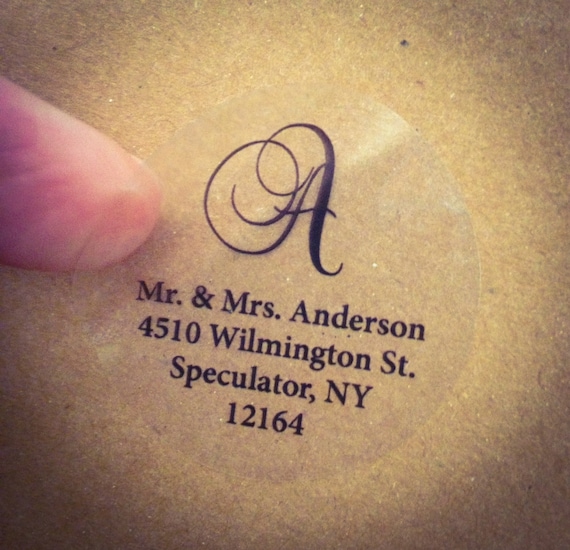 CLEAR SCRIPT MONOGRAM Address Labels for Wedding Invitation, Thank You Note Envelope Seals, Custom Printed, Transparent Round Labels, Glossy