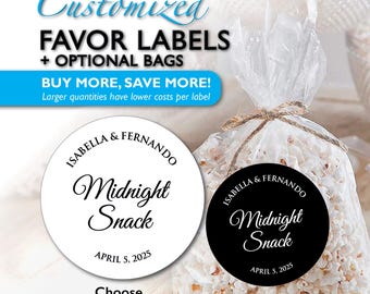 Midnight Snack Stickers, Wedding Labels with Rounded Text, Popcorn Boxes, Cookie Bag Favors, Cupcake in a Jar - Black or White, Personalized