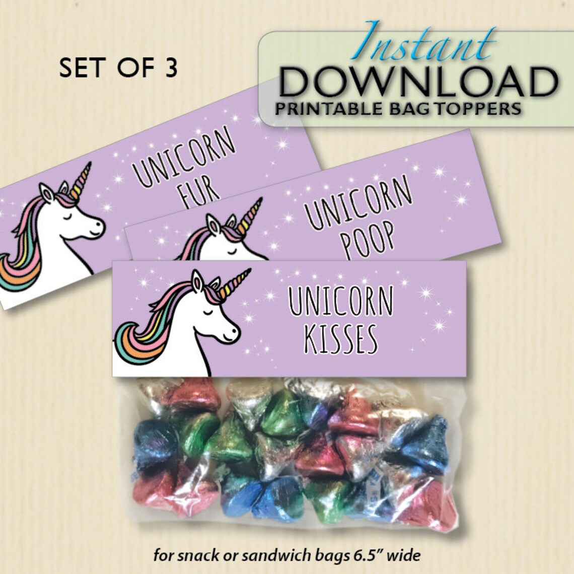 INSTANT DOWNLOAD 3 Unicorn Bag Toppers Lavender Printable - Etsy