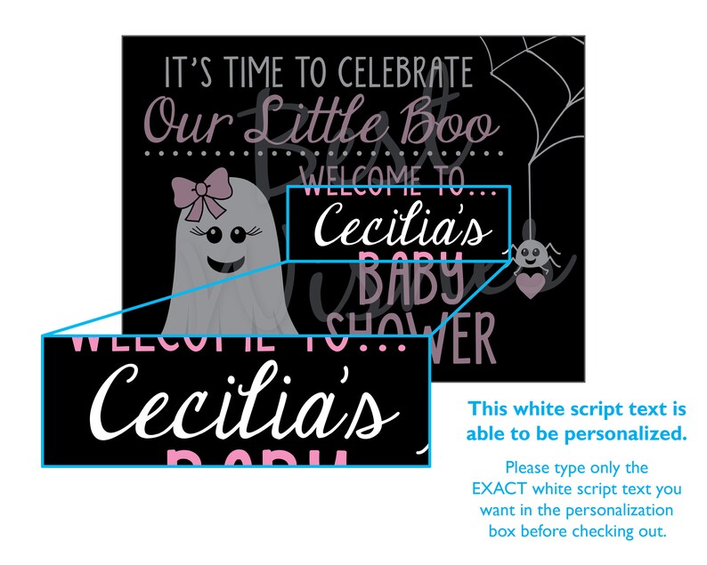 Puede incluir: Un letrero negro de baby shower con el texto "It's Time to Celebrate Our Little Boo Welcome to Cecilia's Baby Shower". Un fantasma de dibujos animados con un lazo rosa est&aacute; a la izquierda. Una ara&ntilde;a y una telara&ntilde;a est&aacute;n a la derecha.
