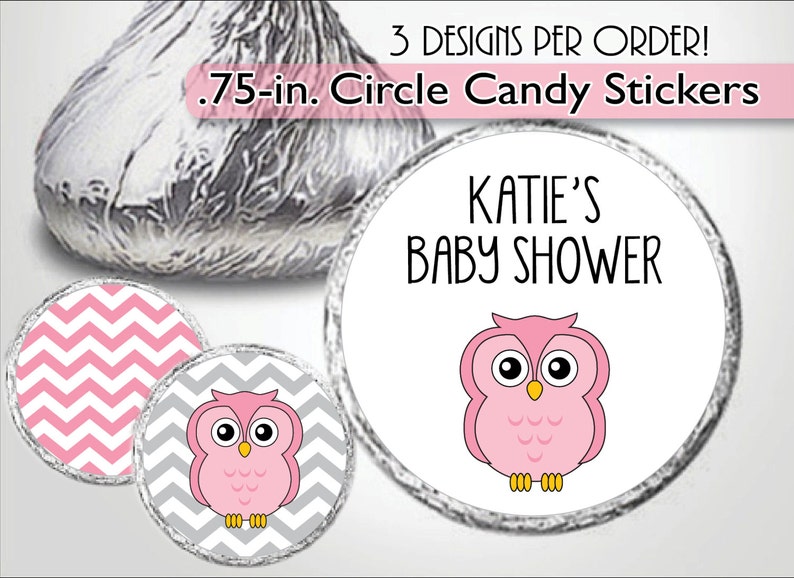 1st Birthday Favors Custom Candy Stickers Pink Owl Kiss Labels Girl Baby Shower Personalized Gray Chevron Baby Sprinkle Woodland