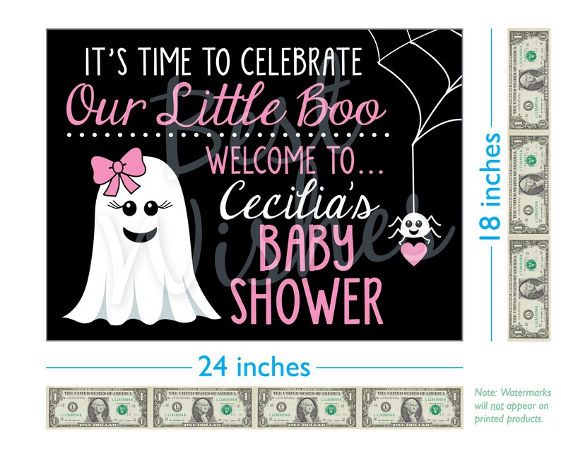 Puede incluir: Un letrero negro para baby shower, de 61 cm de ancho y 46 cm de alto. Presenta un fantasma de dibujos animados con un lazo rosa, una ara&ntilde;a y el texto "IT'S TIME TO CELEBRATE Our Little Boo... WELCOME TO... Cecilia's BABY SHOWER."