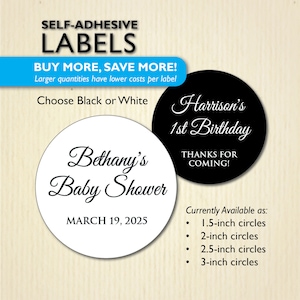Pegatinas minimalistas para baby shower o 1er cumpleaños - Etiquetas de favor para galletas, bolsas de dulces, cajas de golosinas - Blanco o negro - Personalizado