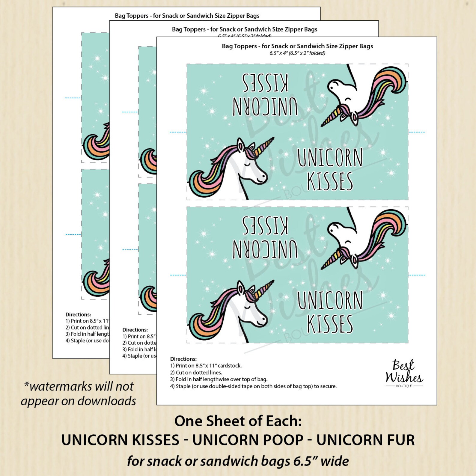 INSTANT DOWNLOAD Bag Toppers Aqua Unicorn Set of 3 Printable | Etsy