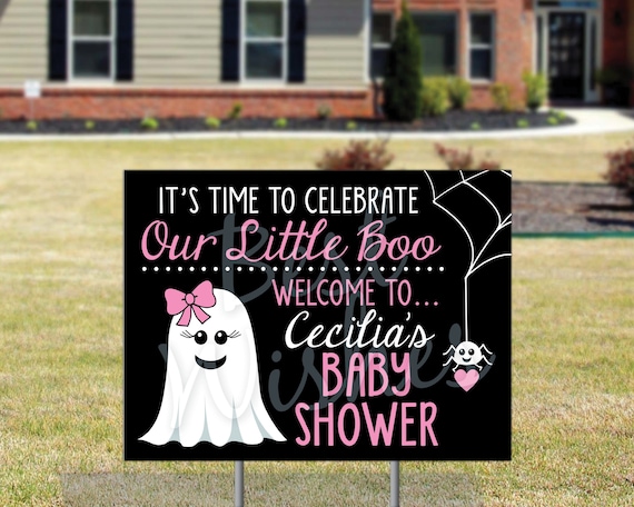 Our Little Boo Baby Shower Yard Sign, Halloween Baby, It's a Ghoul, Outdoor Welcome Sign - Pink Ghosts - Personalized 18x24 Weatherproof