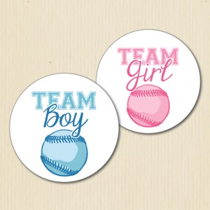 BÉISBOL Género Revelar fiesta pegatina, equipo chico, equipo chica, baby shower deportivo, etiquetas rosas del equipo, equipo azul, equipo él, equipo ella