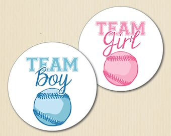 BASEBALL Gender Reveal Party Sticker, Team Boy, Team Girl, Sports Baby Shower, Team Pink Labels, Team Blue, Team He, Team She